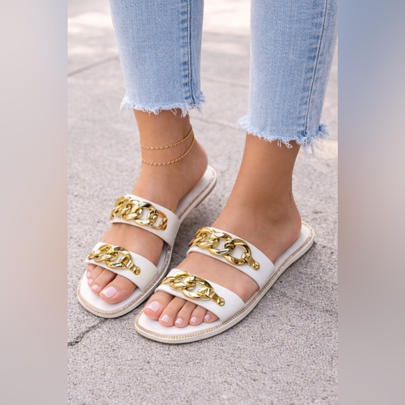 Lauren Lorraine Shoes - Lauren Lorraine White Sandals with Gold Chain